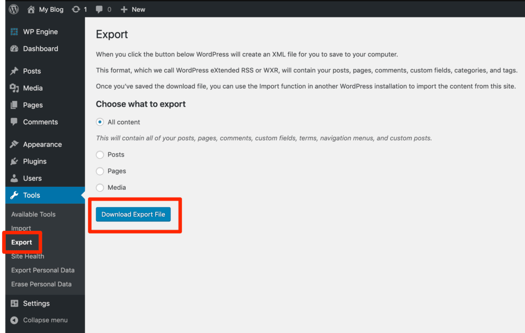 export wordpress